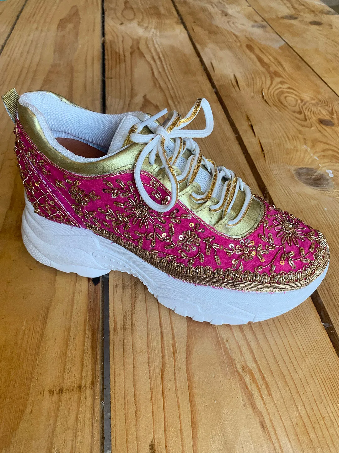 Intricately Crafted Magenta Zardozi Sneakers