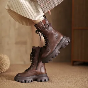 Lace-Up Combat Boots Women Biker Boots Retro Short Boots Handmade Genuine Leather Martin Boots