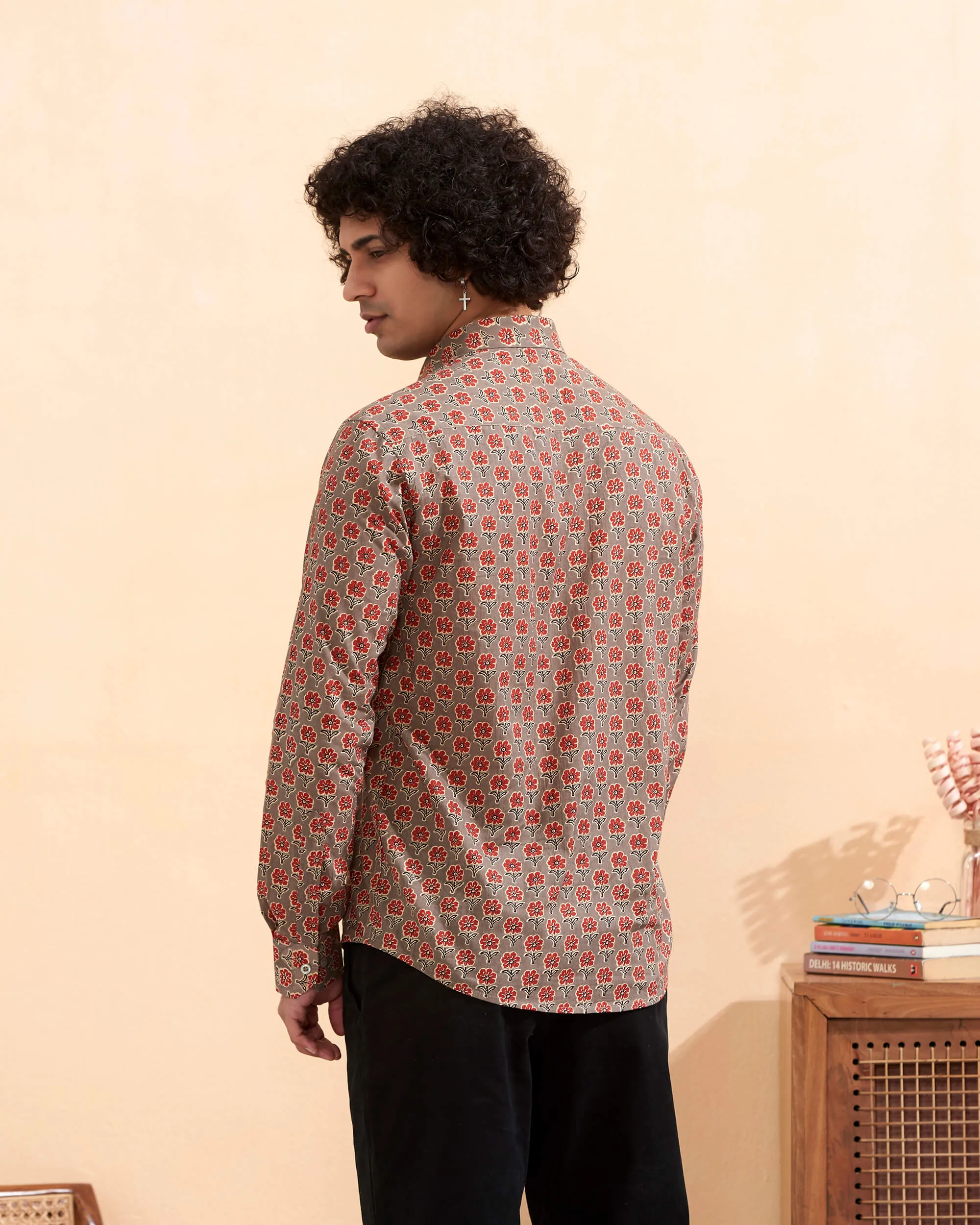 Light Brown Full Sleeve Cotton Hand Block Printed Men's Shirt