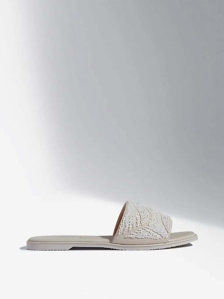 LUNA BLU Ivory Pearlescent Embellished Slides