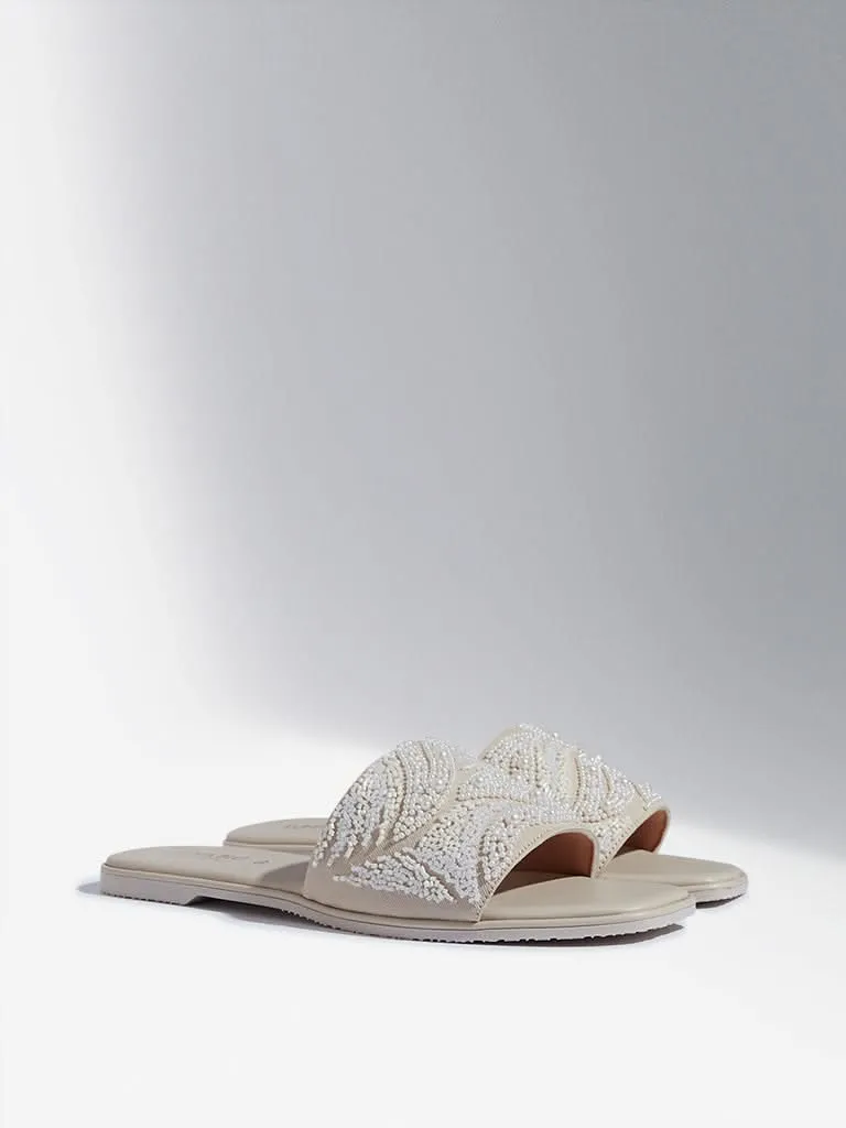 LUNA BLU Ivory Pearlescent Embellished Slides