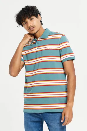 Men Green Stripe Polo Shirt