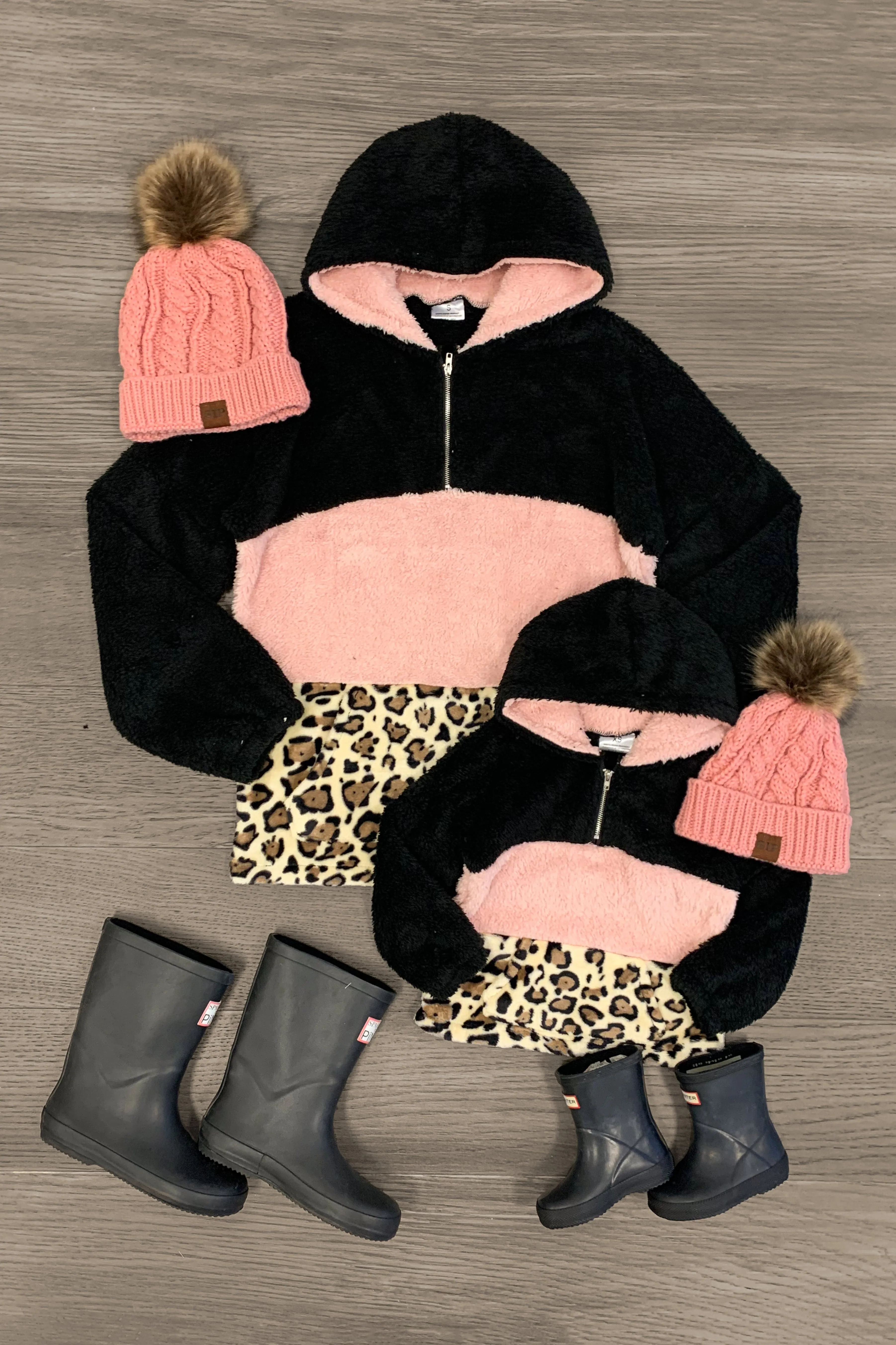 Mom & Me - Black & Pink Cheetah Sherpa Hoodie