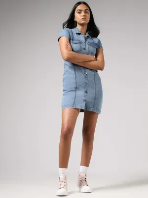 Nuon Light Blue Denim Mini Shirt Dress