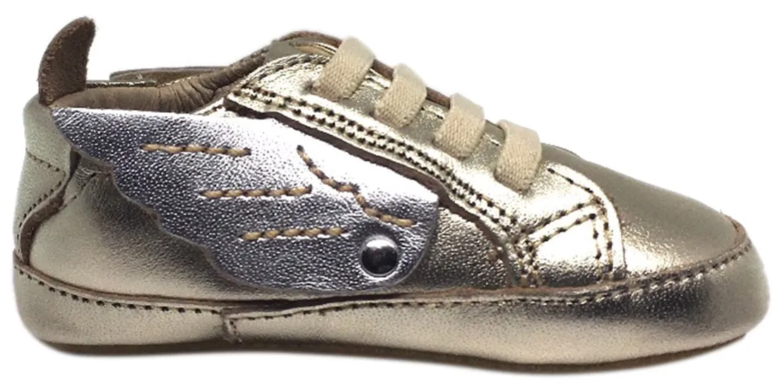 Old Soles Boy's and Girl's Gold & Silver Winged Leather Bambini Wings Elastic Lace Slip On Crib Walker Baby Shoe