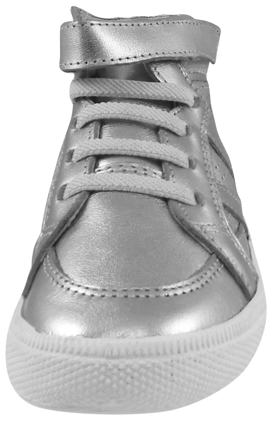 Old Soles Boy's and Girl's Star Jumper Silver Leather Elastic Lace Hook and Loop High Top Sneaker