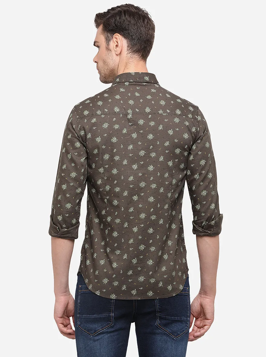 Olive Brown Printed Slim Fit Casual Shirt | Greenfibre