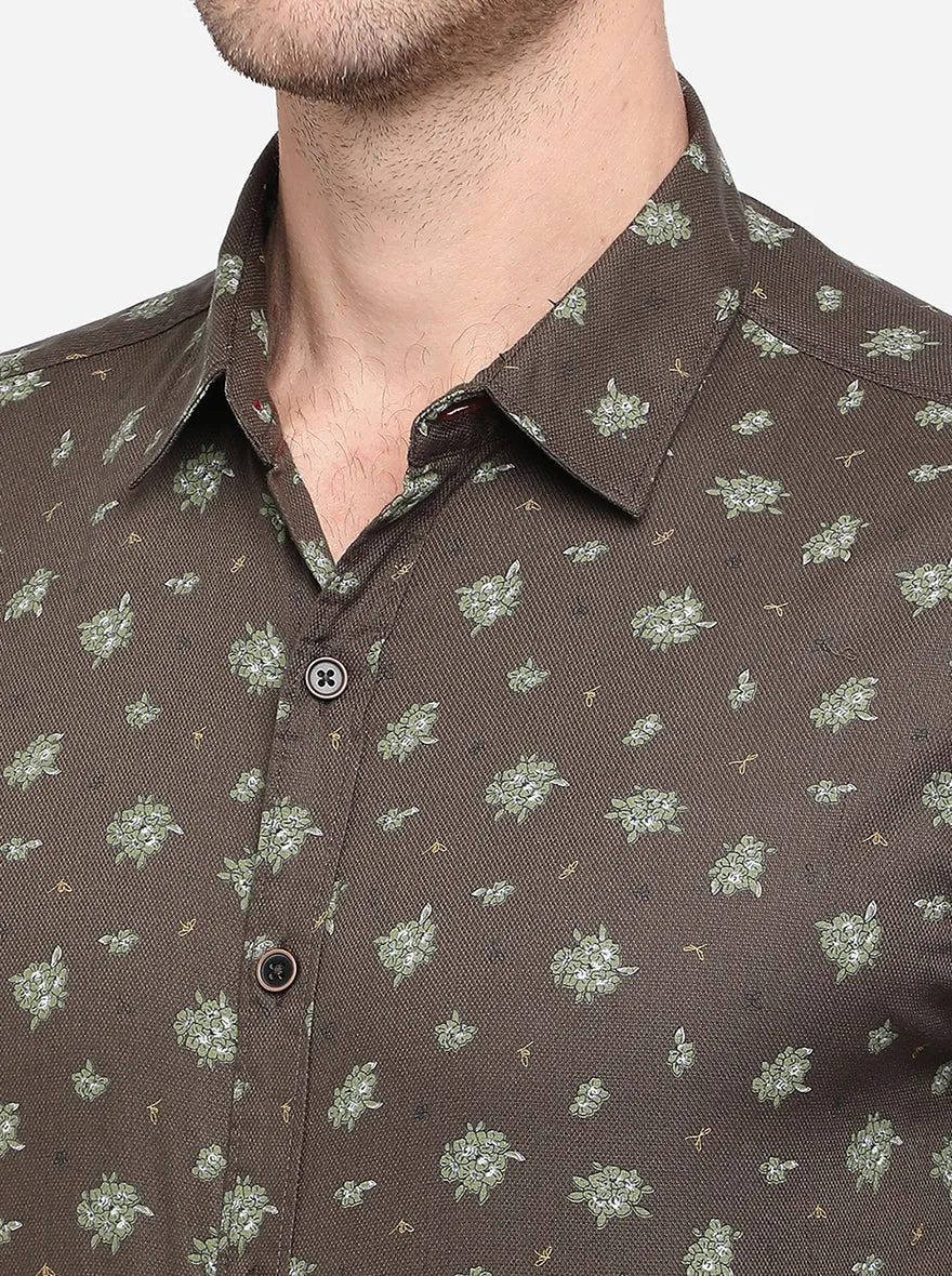 Olive Brown Printed Slim Fit Casual Shirt | Greenfibre