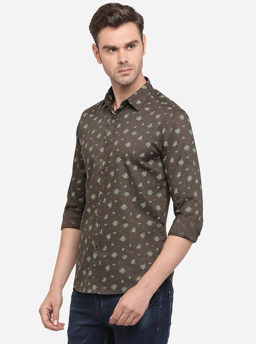 Olive Brown Printed Slim Fit Casual Shirt | Greenfibre