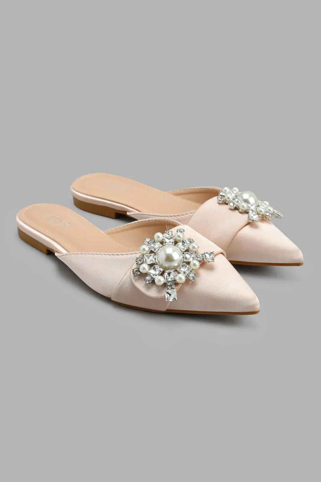 Pink Satin Mule With Pearl Trim