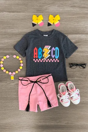 "ABCD" Pink Denim Short Set