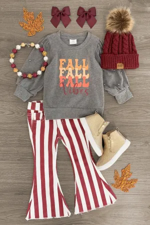 "Fall Vibes" Burgundy Striped Bell Bottom Set