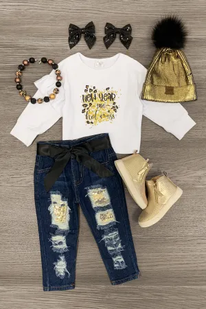 "New Year Same Hot Mess" Gold Distressed Denim Set