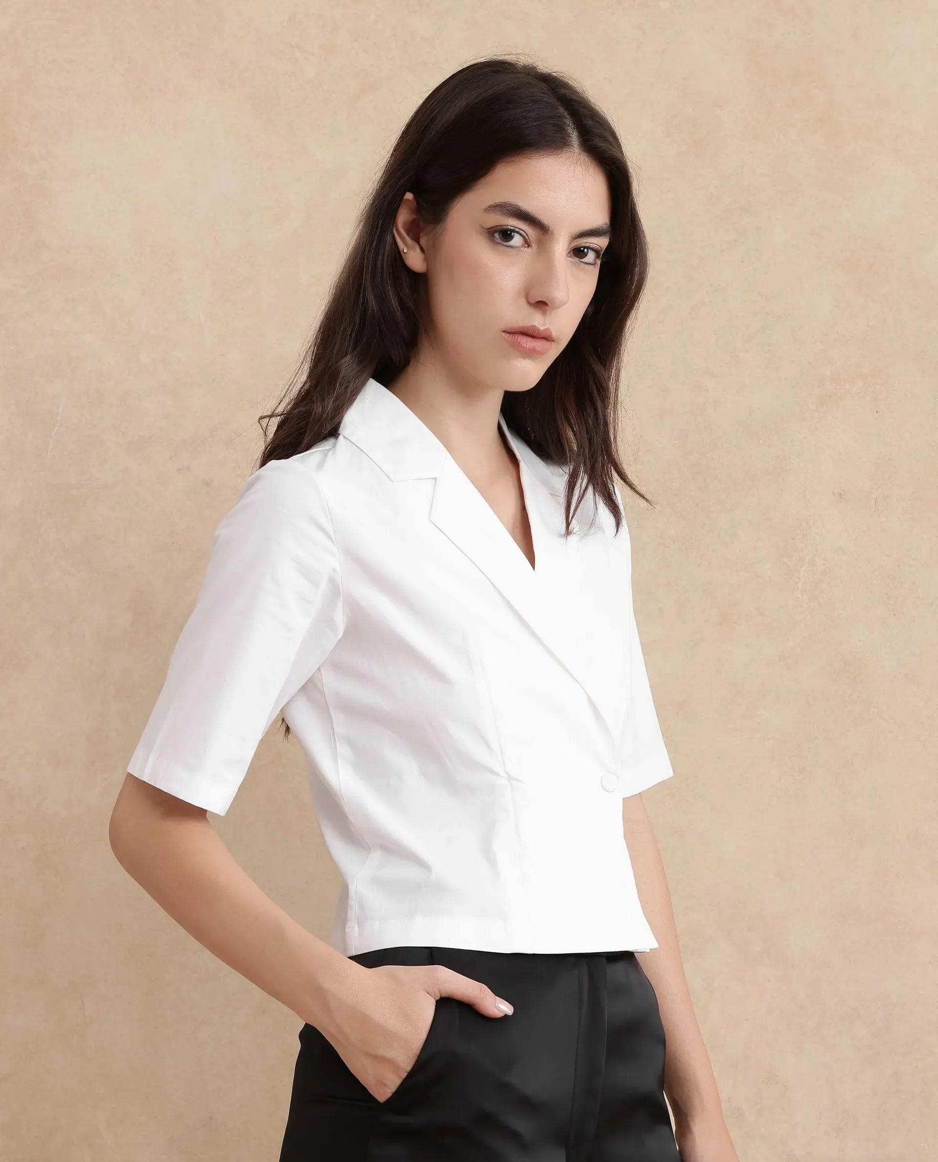 Rareism Women Seui White Short Sleeve Lapel Neck Boxy Fit Cropped Plain Top