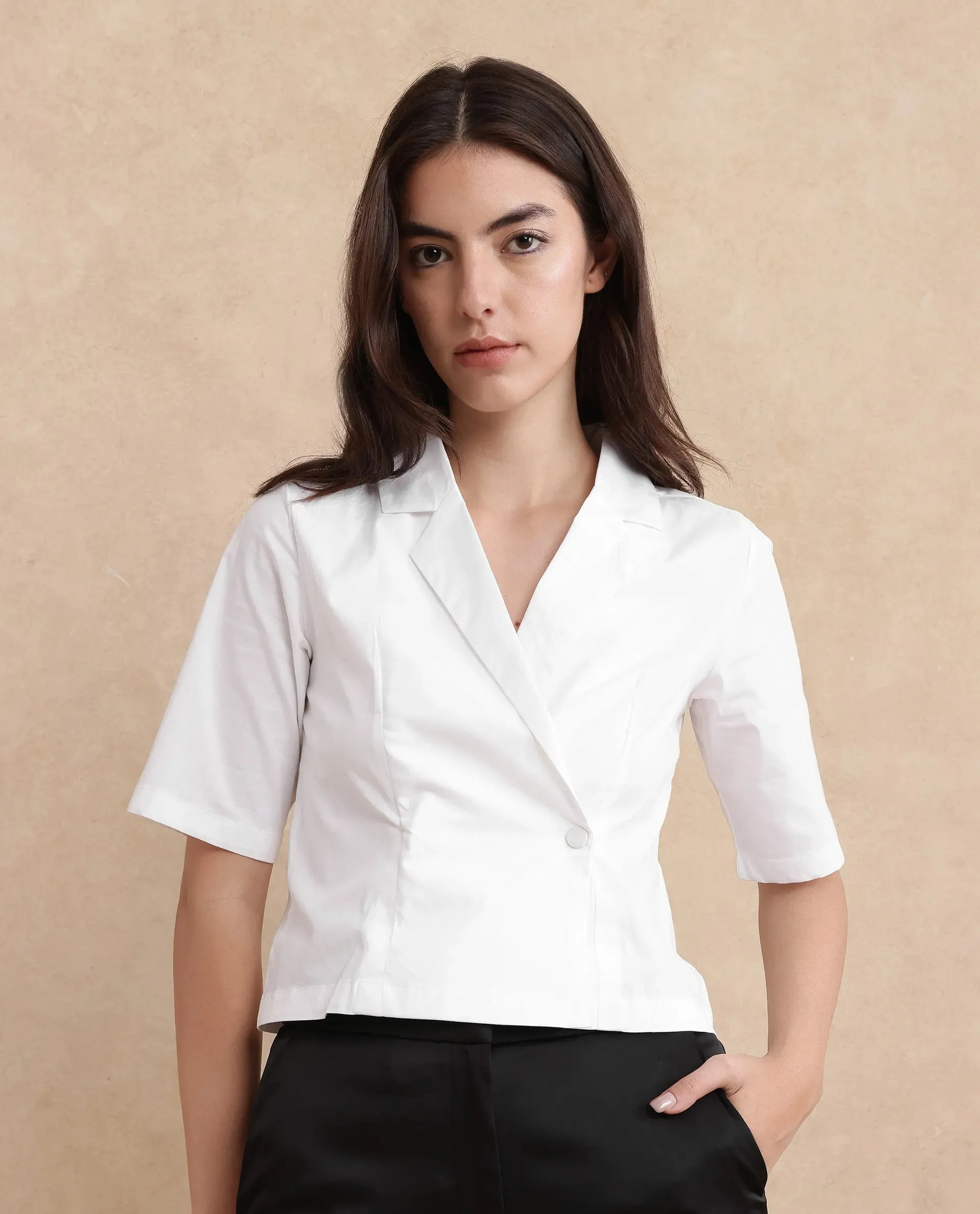 Rareism Women Seui White Short Sleeve Lapel Neck Boxy Fit Cropped Plain Top