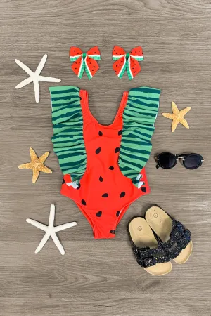 Red Watermelon Ruffle One Piece Swimsuit