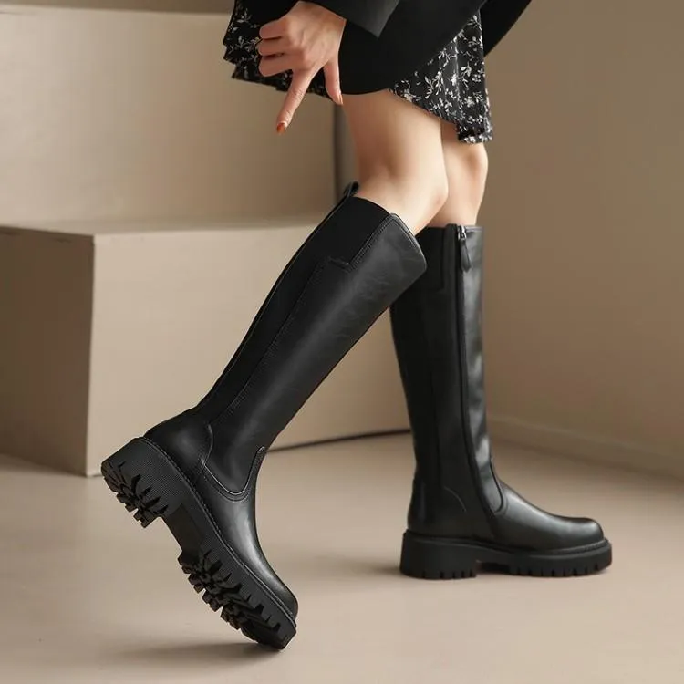 Riding Boots for Women in Black/Brown Leather - Chunky Sole Tall Boots