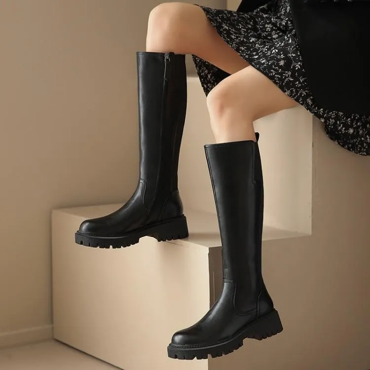 Riding Boots for Women in Black/Brown Leather - Chunky Sole Tall Boots