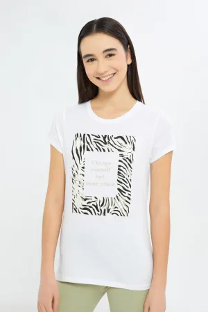 Senior Girls White Zebra Print T-Shirt