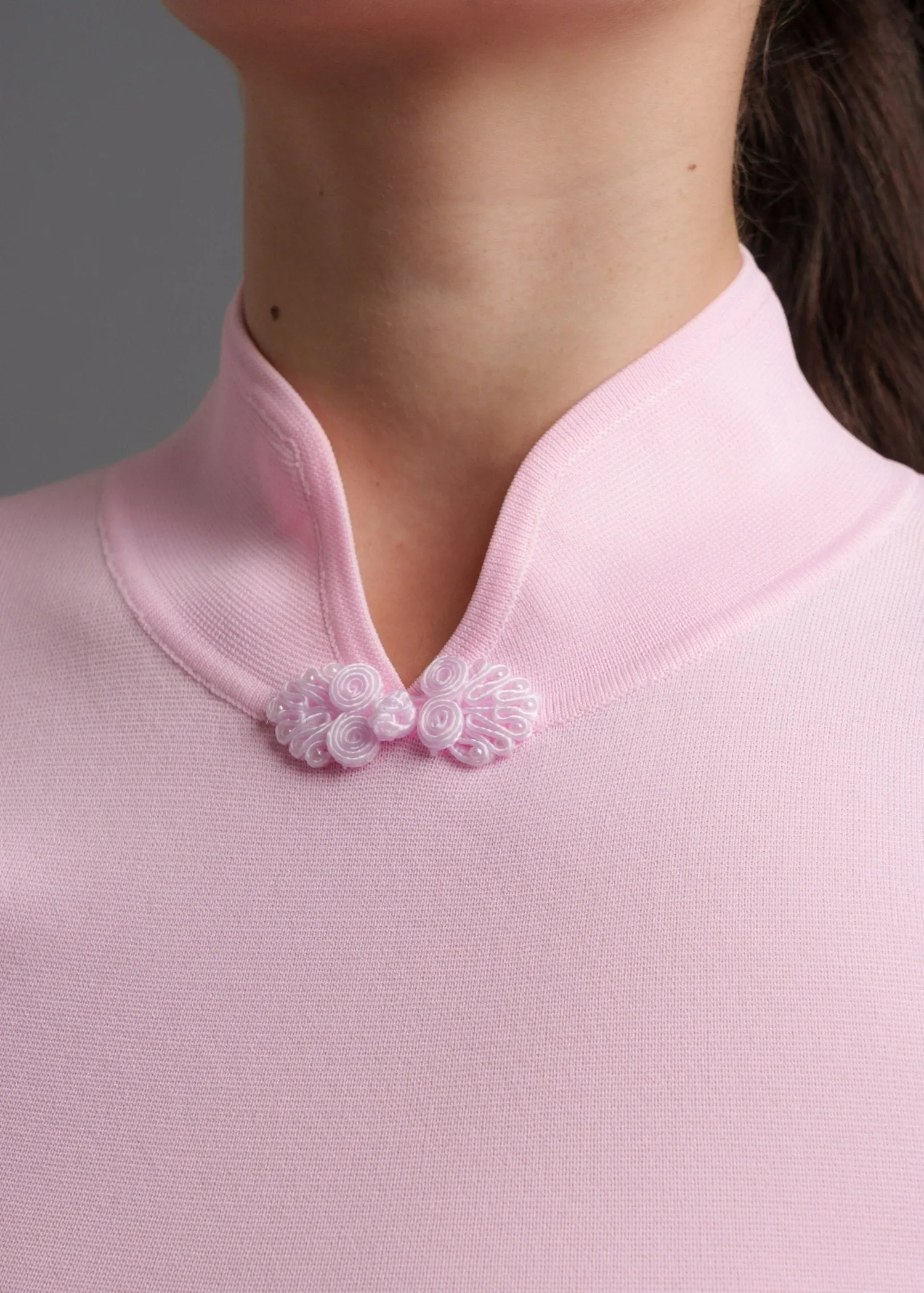 Short Sleeves Ruched Knitted Mini Qipao (Pink)