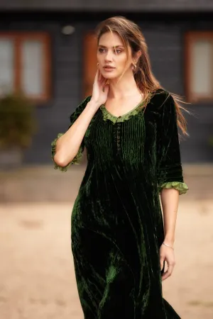 Silk Velvet Karen Dress in Forest Green