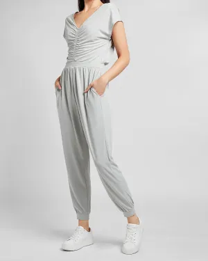 Silky Sueded Jersey Ruched Front Lounge Jumpsuit in Gray