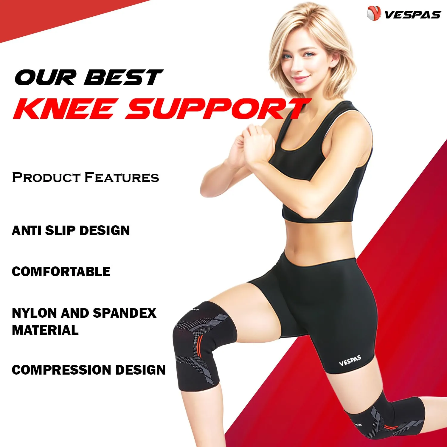 Vespas Knee Cap Compression – 2-Pack Knee Support for Men and Women – Breathable and Stretchy Nylon Knee Brace – Knee Brace for Knee Pain Relief and Support – Ideal for Gym, Sports (L, Black-Red)