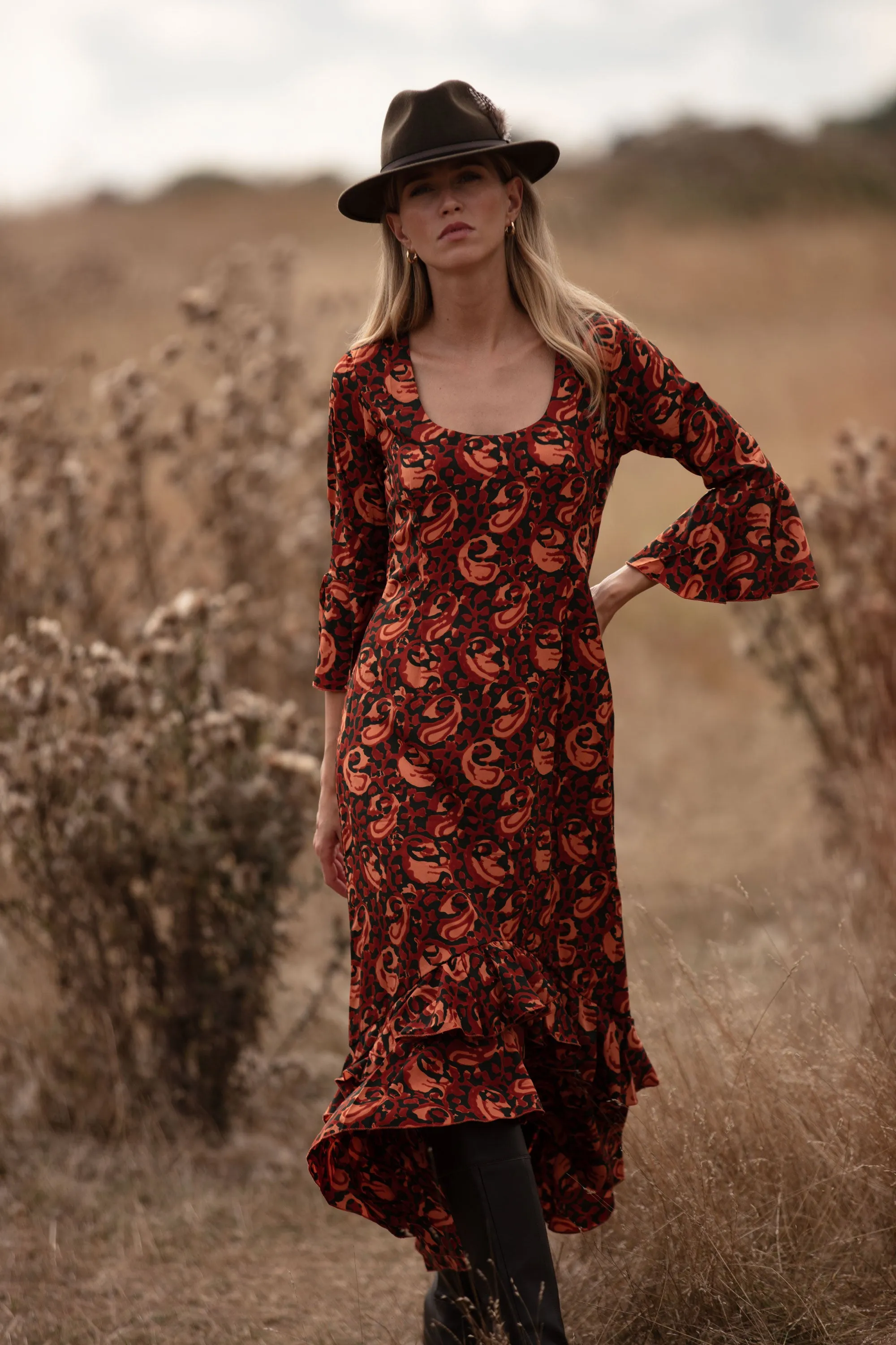 Victoria Midi Dress in Autumn Leaves Swirl