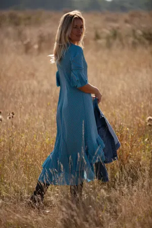 Victoria Midi Dress in Blue with Orange Spot