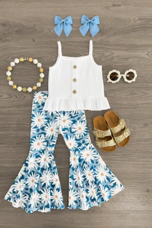 White & Blue Daisy Bell Bottom Set