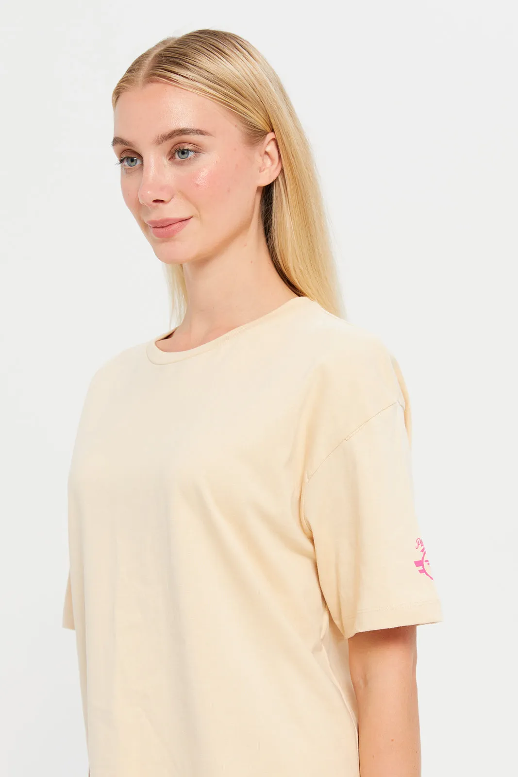 Women Apricot Oversize Printed T-Shirt