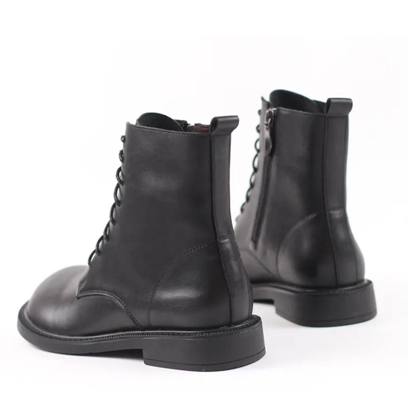 Women Leather Ankle Boots Soft Bottom Flat Round Toe Big-Head Retro Martin Boots Coffee/Black