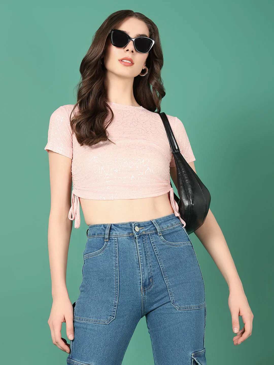 Women Peach Graphic Ruched Top