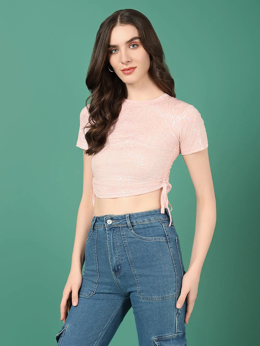 Women Peach Graphic Ruched Top