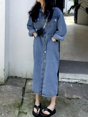 Womens Casual Chic Denim with Button-Down Front Long Dress