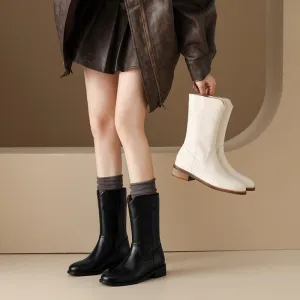 Womens Leather Pull On Mid Calf Boots in White/Black