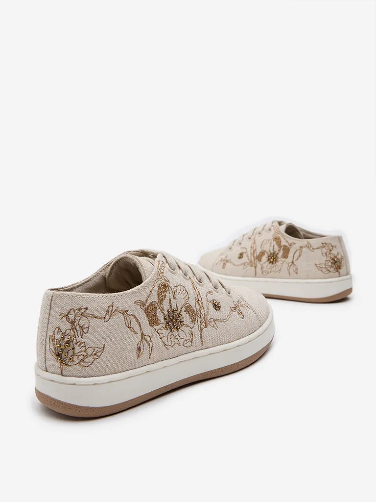 Yellow Beige Floral Embroidered Lace-Up Sneakers